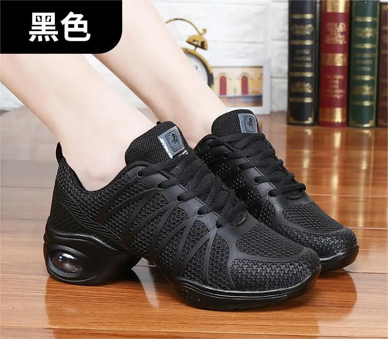 Professionele Dansschoenen Vrouwen Vierkante Hak Zwarte Dansschoenen Ademende Jazz Dansschoenen Comfortabele Moderne Dansen Sneakers