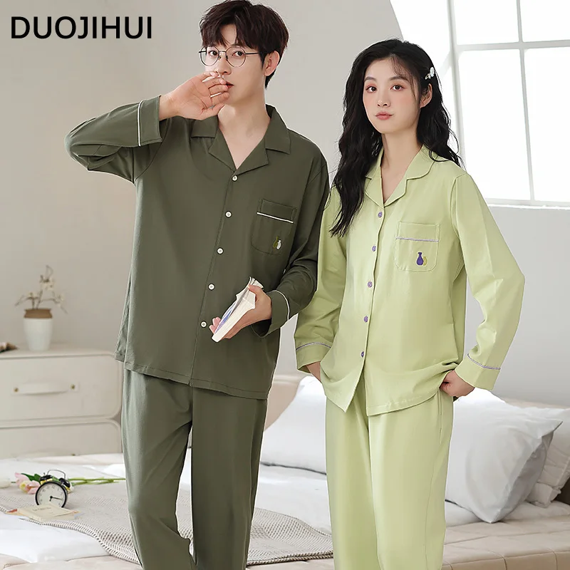 DUOJIHUI Two Piece Couple Clothes Simple Pajamas for Women Pure Color Button Cardigan Basic Pant Loose Casual Female Pajamas Set