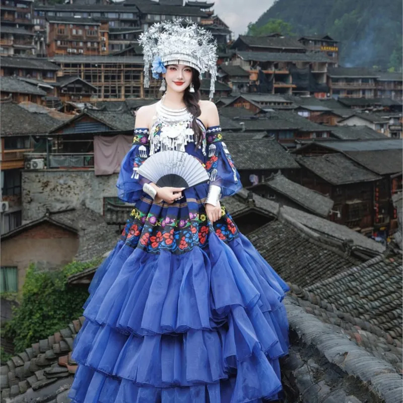 Vestido de bolo azul nacional exótico prata cocar desempenho novo estilo