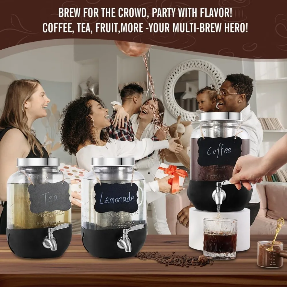 ماكينة صنع القهوة الباردة، ماكينة صنع القهوة المثلجة سعة 1 جالون مع فلتر من الفولاذ المقاوم للصدأ، إبريق المشروب البارد الزجاجي عالي التحمل مع الفولاذ المقاوم للصدأ