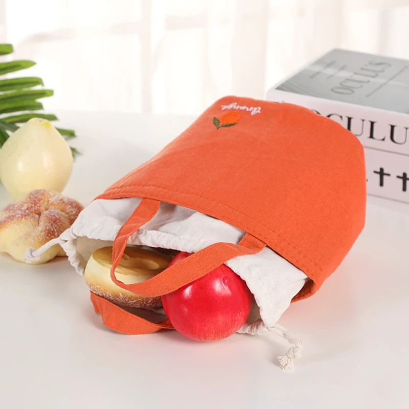 Bolsa de almuerzo térmica con cordón para niños, bolso de mano con bordado de frutas, caja de almuerzo portátil, lindo japonés