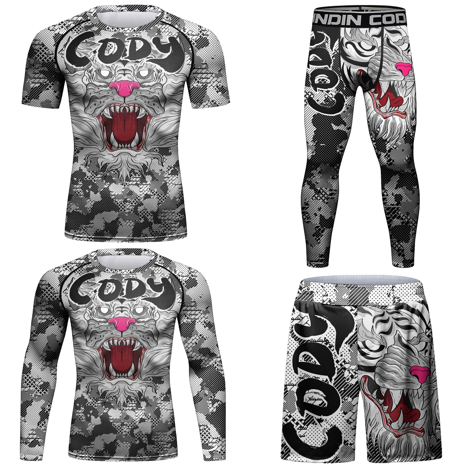 

Cody Lundin Custom BJJ Rashguard Set Мужская длинная компрессионная рубашка с короткими рукавами Брюки для борьбы с тигровым принтом MMA Тренировочный костюм