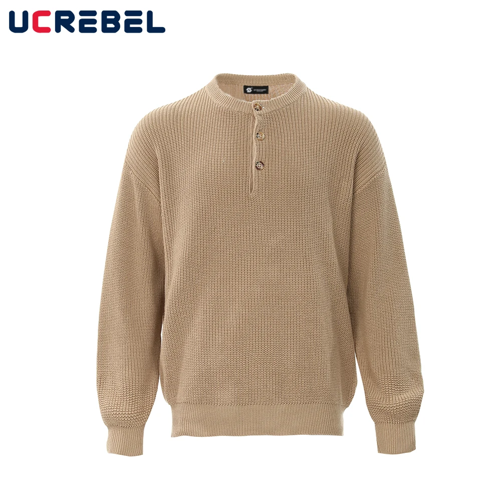 Solid Color Henley Collar Sweater Mens Autumn Winter High Street Loose Long Sleeve Knitted Pullover Men