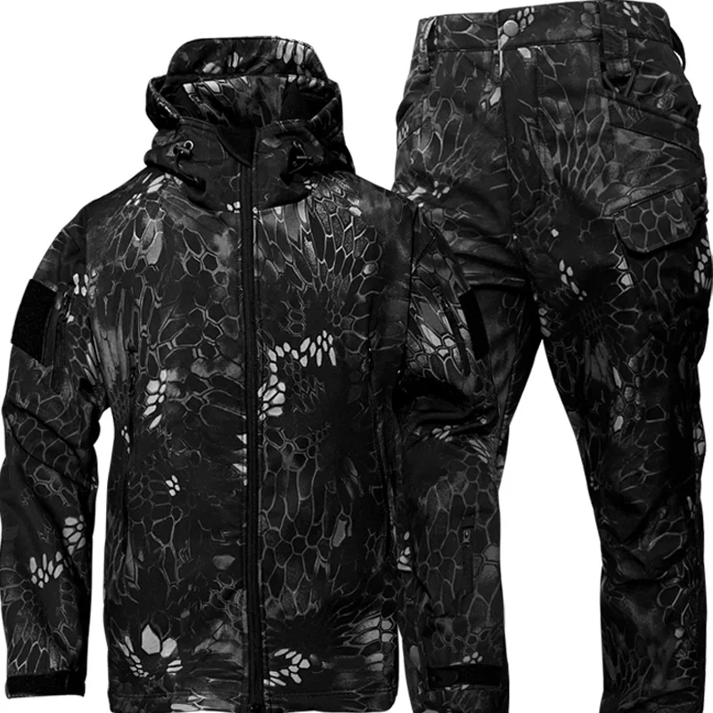 Conjunto de roupa de inverno masculino, Concha macia, Windproof, Impermeável, Montanhismo, Esqui, Caça, Pesca, Lã Quente, Veludo, Tático