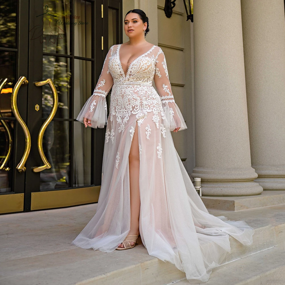 

Sexy Wedding Dresses Plus Size V Neck Long Sleeves Illusion Bride Gowns Appliques Floor Length Tulle A-Line Vestido De Noiva