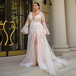 Sexy Wedding Dresses Plus Size V Neck Long Sleeves Illusion Bride Gowns Appliques Floor Length Tulle A-Line Vestido De Noiva