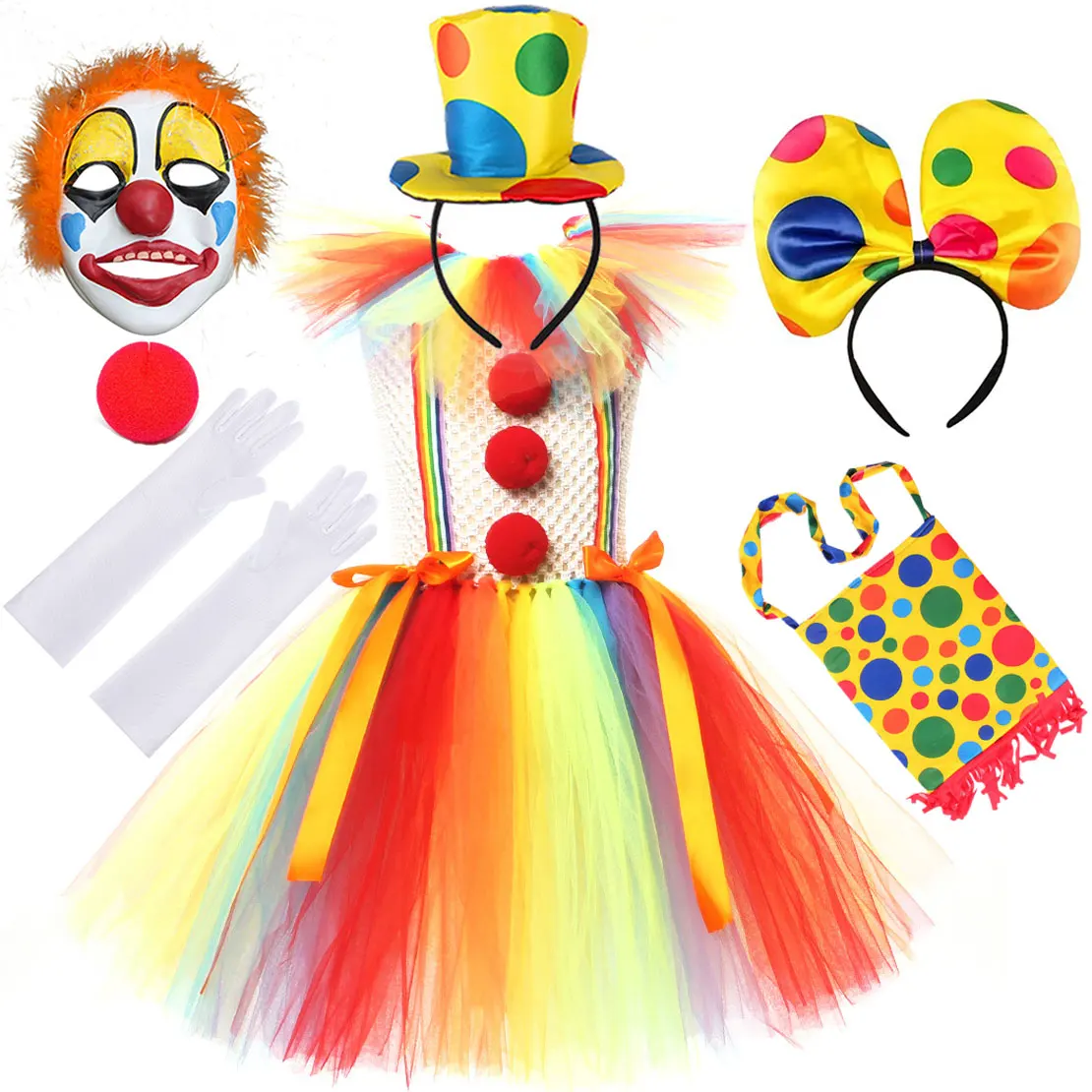 

Halloween Carnival Festive Girl Cosplay Cute Fear Clown Rainbow Color Cute Dress Girls Birthday Party Gift Clothing Set