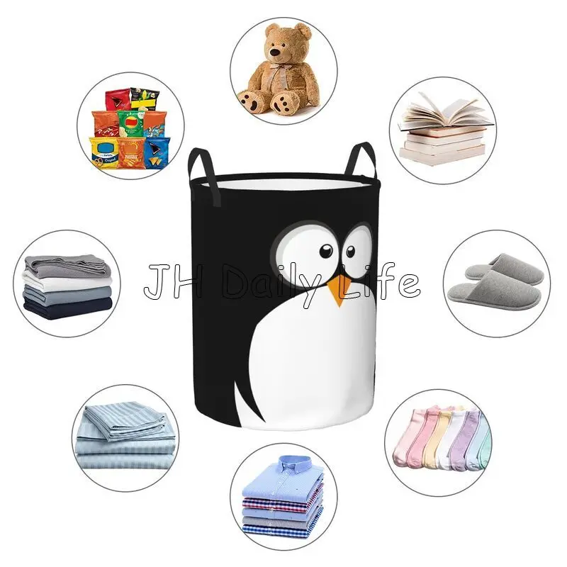 Cute Penguins Round Laundry Hamper Large Storage Basket Toys Clothes Organizer Bin for Home Bathroom Bedroom Dorm Nursery Decor