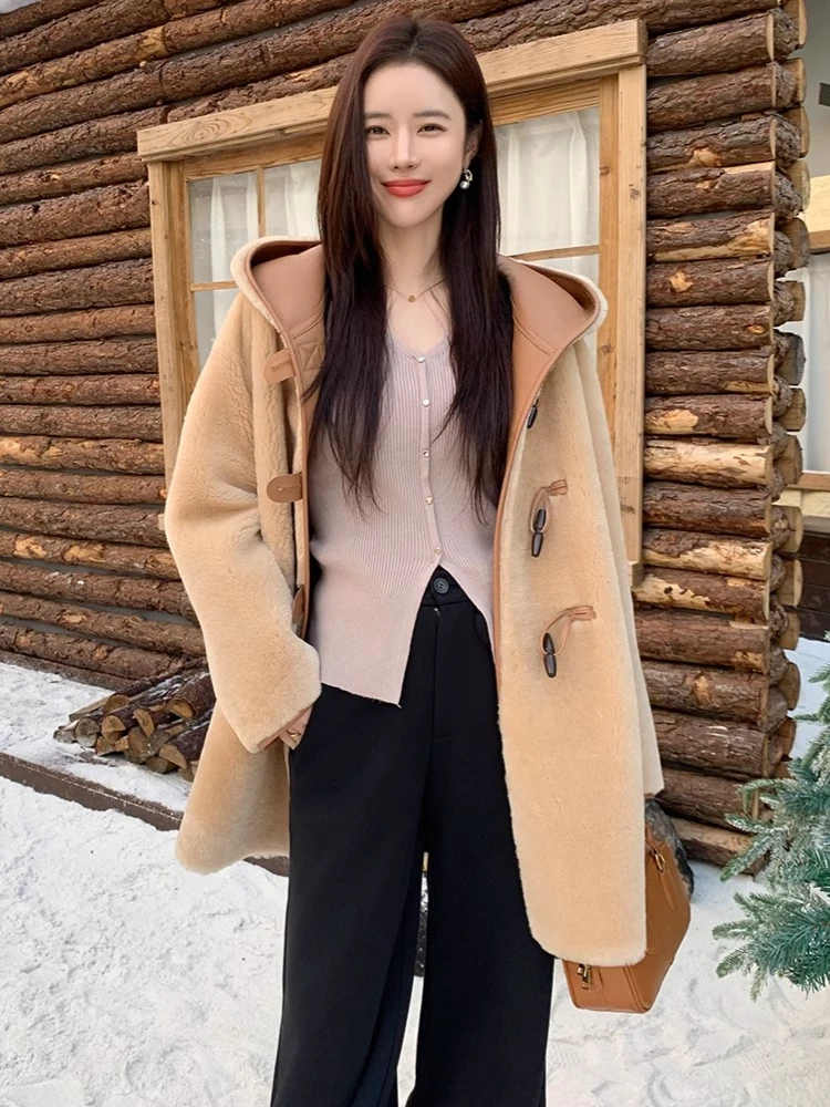 Mid-length Hooded Merino Sheep Fur Jackets Women High-end Simple Double-sided Wear Design Winter Genuine Leather Real Fur Coat