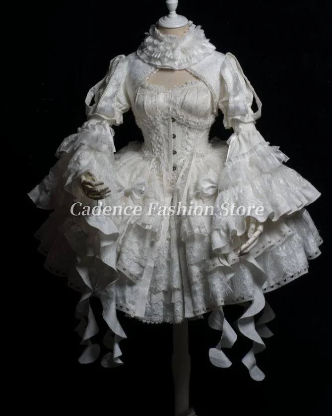 Customized Black White Victorian Vintage Lolita Corset Pom Pom Short Flared Sleeve Prom Dresses Bow Gothic Evening