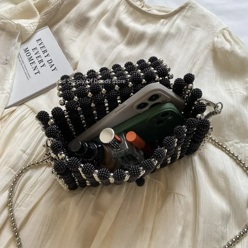 검은 작은 사각형 가방 토트 여성 2025 여름 구슬 Handmde 핸드백 전화 가방 동전 지갑 빈티지 진주 어깨 Crossbody 가방