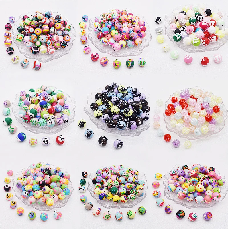 16mm 10pcs/bag Acrylic Beads Fashion Hand Drawn Cartoon Painting Loose Beaded DIY Handmade DIY Bracelets Mobile phone chain