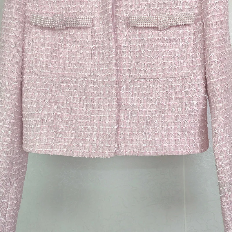 女性のための短いピンクのジャケット,ハイエンドの服,甘い,アンチエイジング,ラウンドネック,真珠の装飾,用途の広い,気質,春