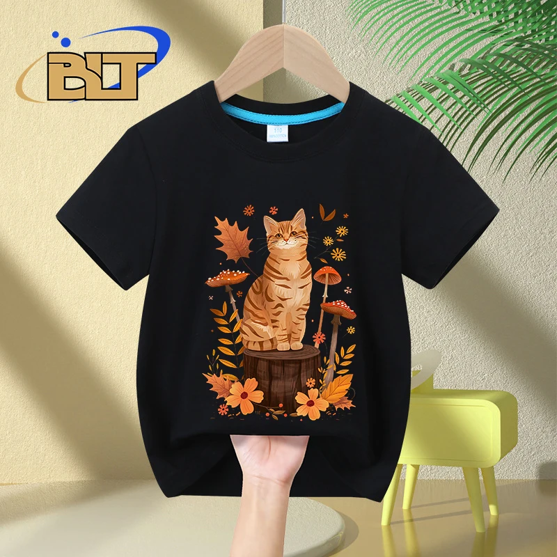 

Mushroom fallen cat retro print kids T-shirt summer children's pure cotton short-sleeved casual tops boys and girls gifts