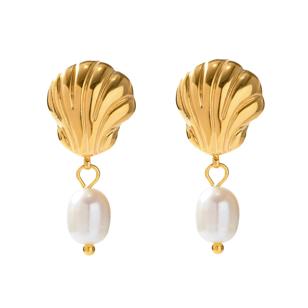 

Wholesale Waterproof 18K Gold Plated Jewelry Stainless Steel Earrings Fashion Shell Freshwater Pearl Earrings Women Jewelry