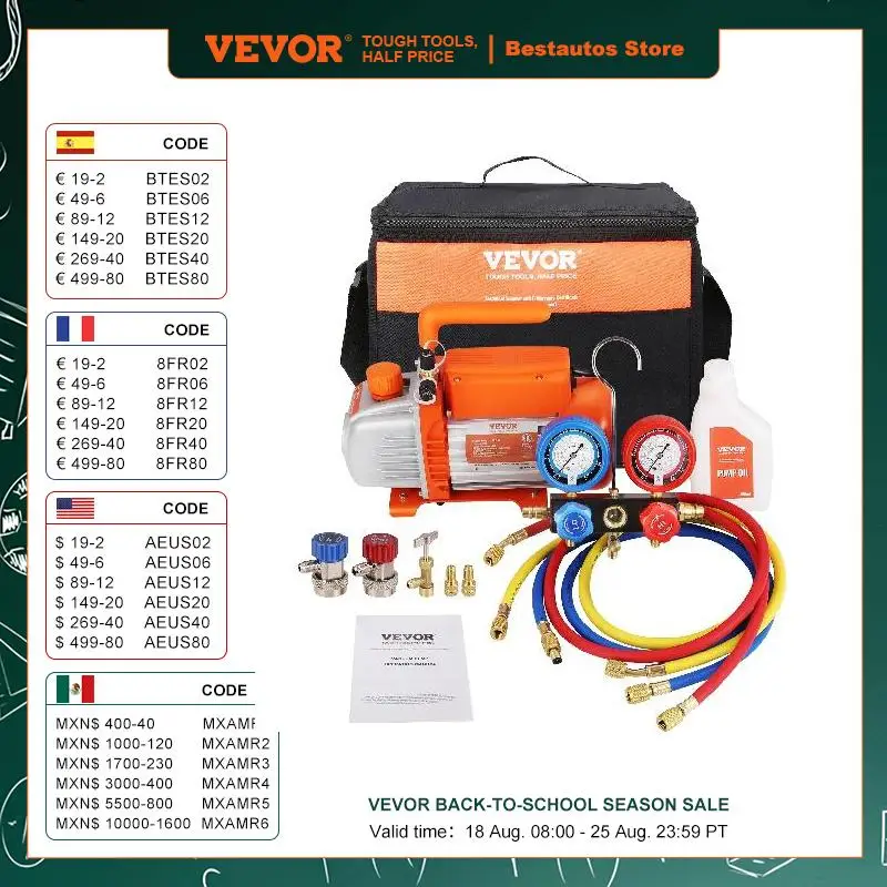 VEVOR 1/4 HP 4 CFM AC Vacuum Pump Gauge Set Single Stage Rotary Vane HVAC Air Vacuum Pump A/C Refrigerant Kit for R134a R410a