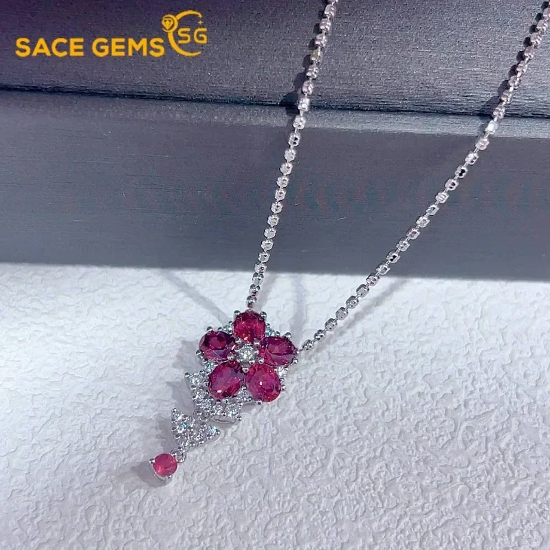 

SACE GEMS S925 Sterling Silver Certified 4*5MM Natual Garnet Pendant Necklaces for Womne Engagement Cocktail Party Fine Jewelry