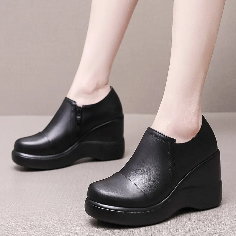 8cm Small Size 32-43 Comfortable Genuine Leather Shoes Platform Pumps 2024 Deep Mouth High Heels Wedges Shoes for Office Model