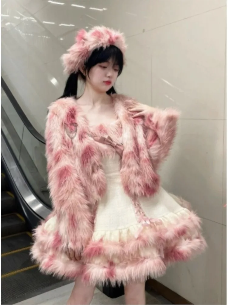 Sweet fluffy fur short coat pink dress two-piece suit