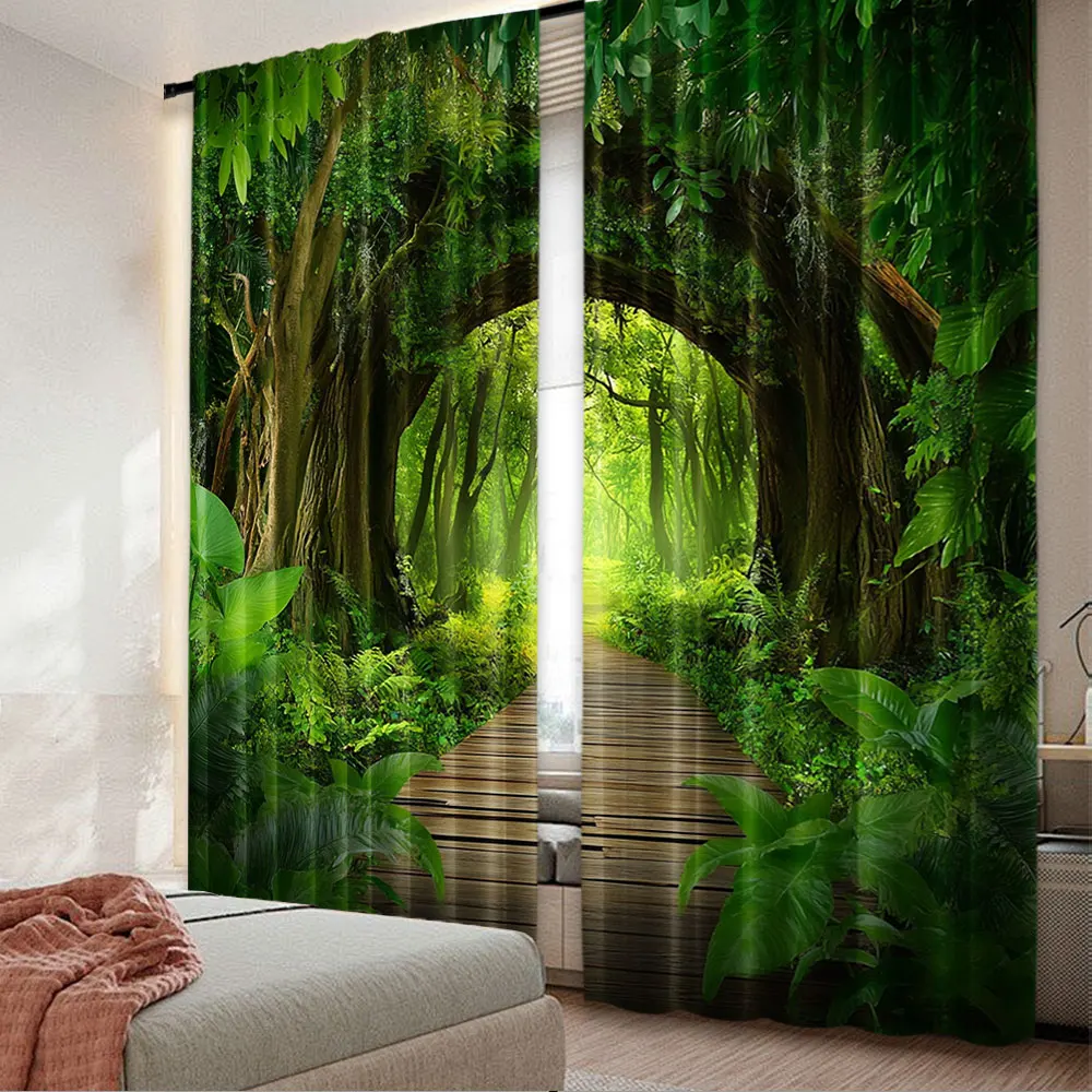 2Pcs Spring Forest Curtain Enchanted Forest Backdrop Spring Natural Picnic Camping Adventure For Living Room Bedroom A