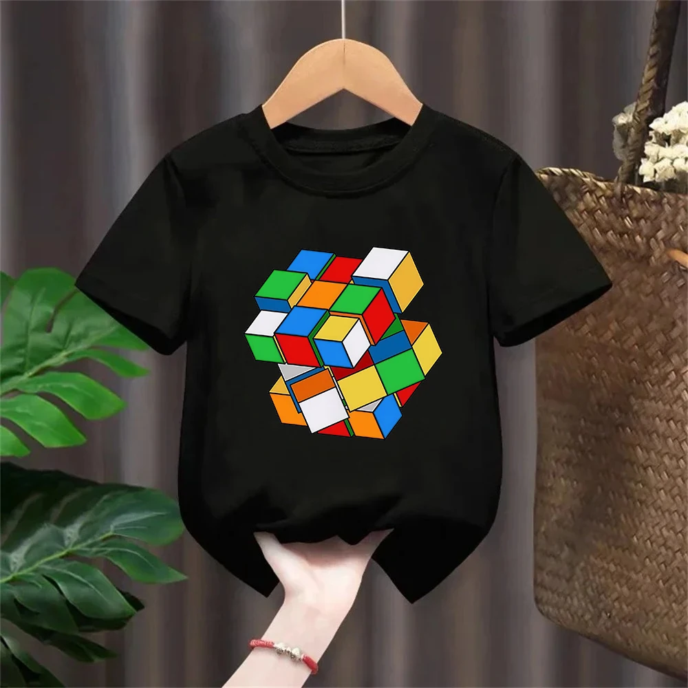 T-Shirt For Boys Funny Magic Block Graphic Print Kids Tshirt Summer Casual Boy Clothes Cute Toddler T Shirt Birthday Gift Tops