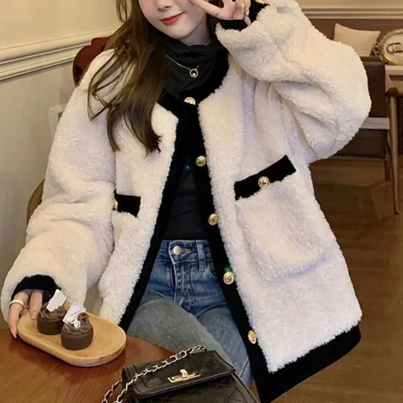 2023 Autumn and Winter New Fashion Temperament Women's Clothing Splice Pockets Button Round Neck Long Sleeve Solid Color Sweater