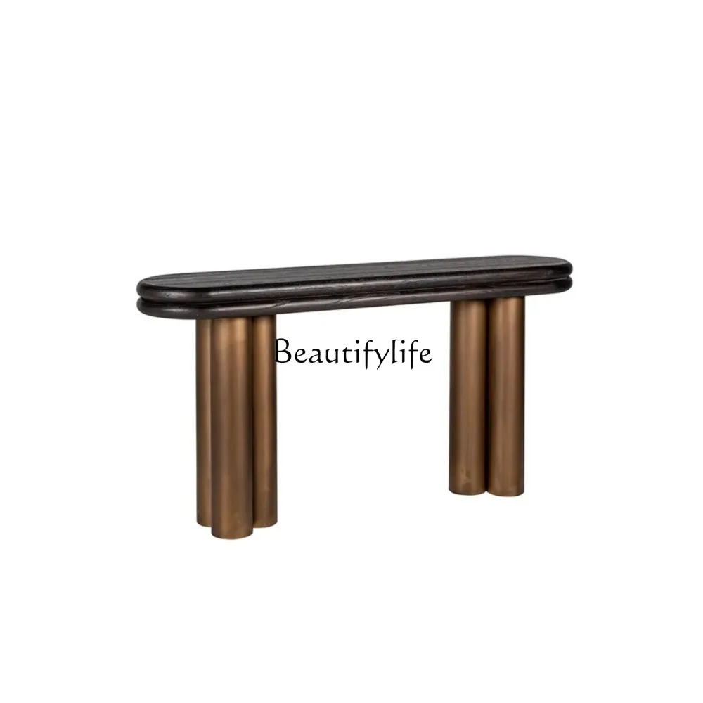 

Nordic medieval wabi-sabi wind entrance table solid wood strip case entrance platform hall is simple against the wall