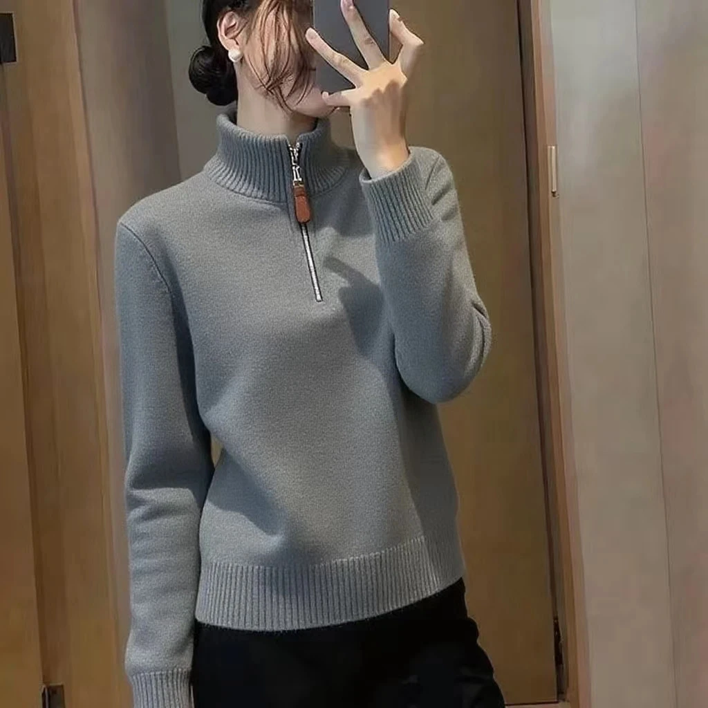 

2026 Women Fashion Gentle Half Zipper High Neck Knitted Sweater Pullover Spring Autumn Winter New Slim Versatile Knitwear Top