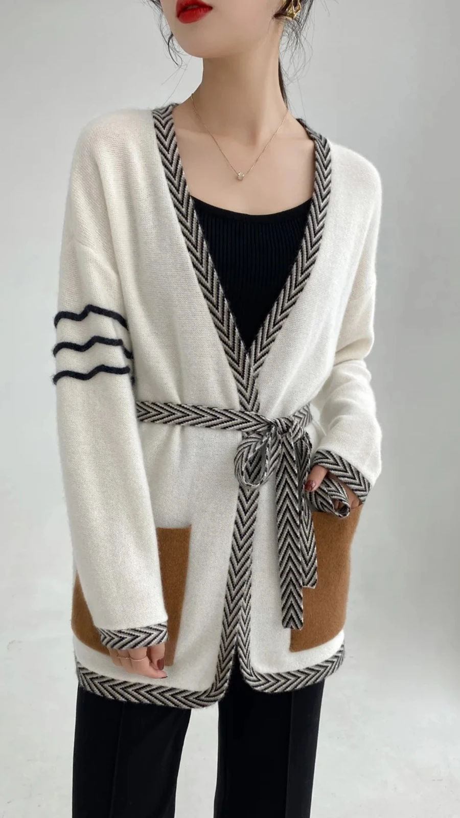 

New Women 100% Merino Wool Cardigan V-Neck Knit Belt Thick Stripe Autumn Winter Double Pockets Clothing Skin friendly Top