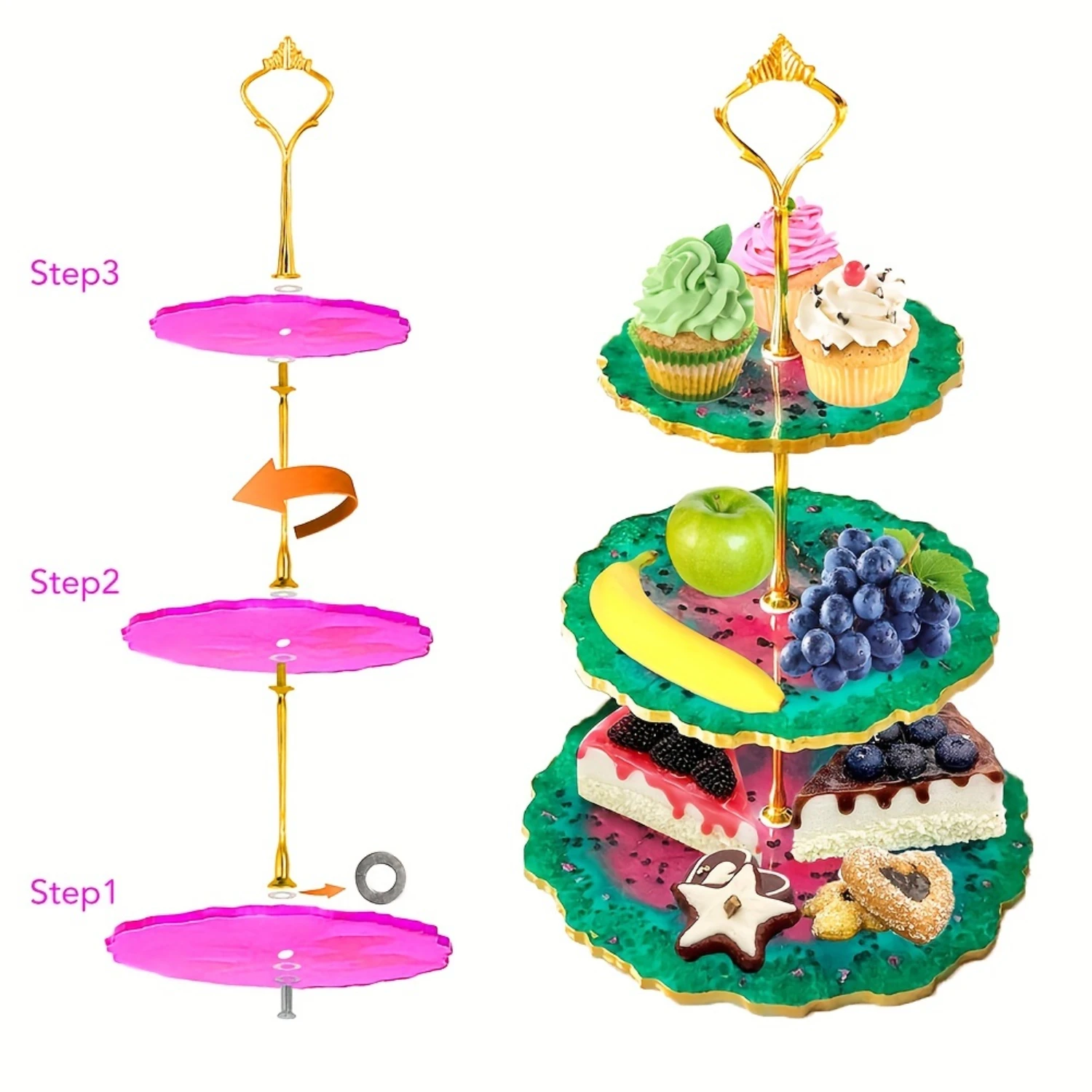 3-Tiered Round Silicone Molds for Resin Casting - DIY Art Cake Serving Stand Molds with 3 Hardware Fittings, Gold Foil, and Stir