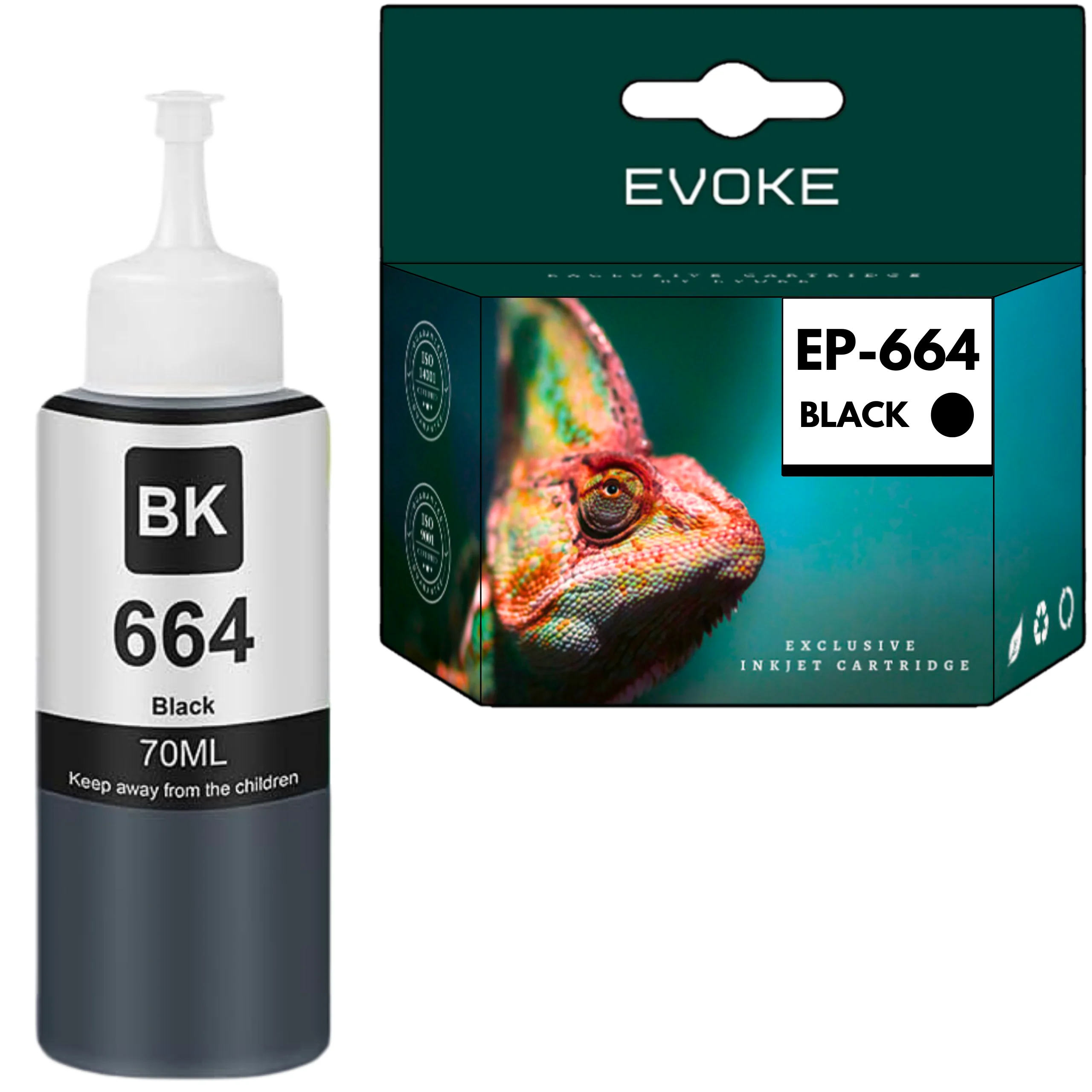 Evoke compatibele inkt voor Epson T664 T6641 Zwart 70 ml 6400 pagina's Ecotank L100 110 200 210 300 310 350 355 361 365 380 382 385 386 455 485 486 550 555 565 605 655 1300 1455; Et-2500 2550 2600