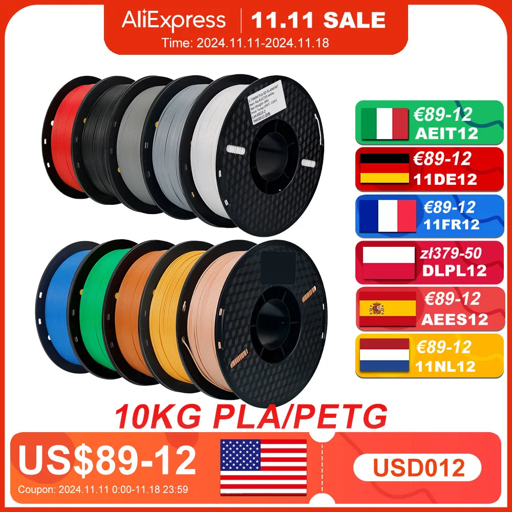 Filamento de impresora 3D PETG PLA de 22 libras, 10 rollos, 1 KG, 1,75 MM, inodoro, ecológico, buena dureza, mezcla de colores, envío gratis