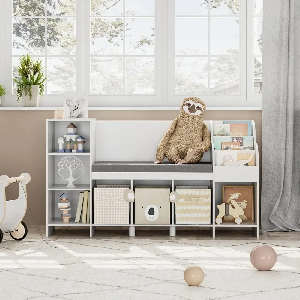 

zz Kids Bookshelf with Reading Nook, Bookcase with Seat Cushion and Adjustable Shelf, Storage Bench with Book Rack for Bedroom