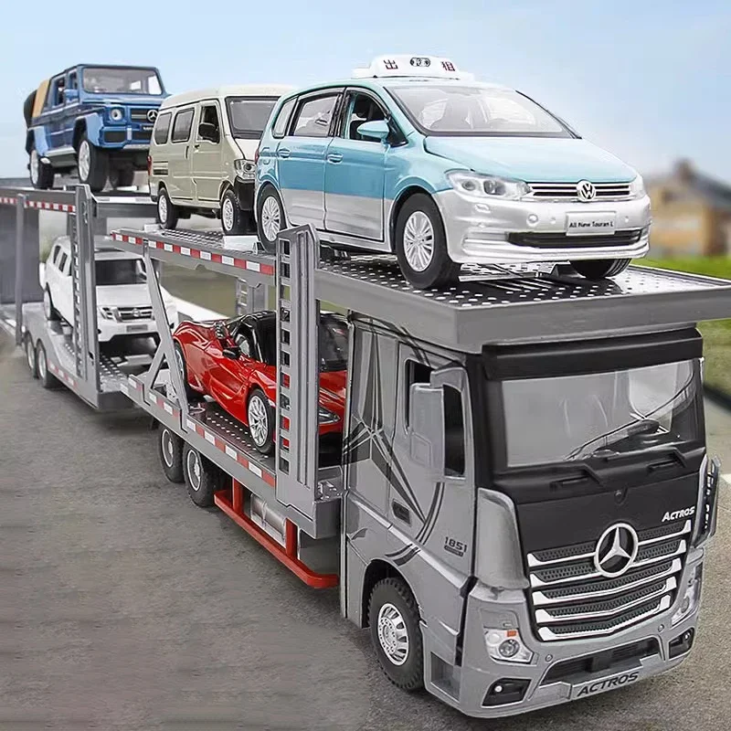 1:24 Mercedes Benz Double Decker Flatbed Transport Truck Alloy Diecast Car Model Sound And Light Birthday Gifts Box For Children