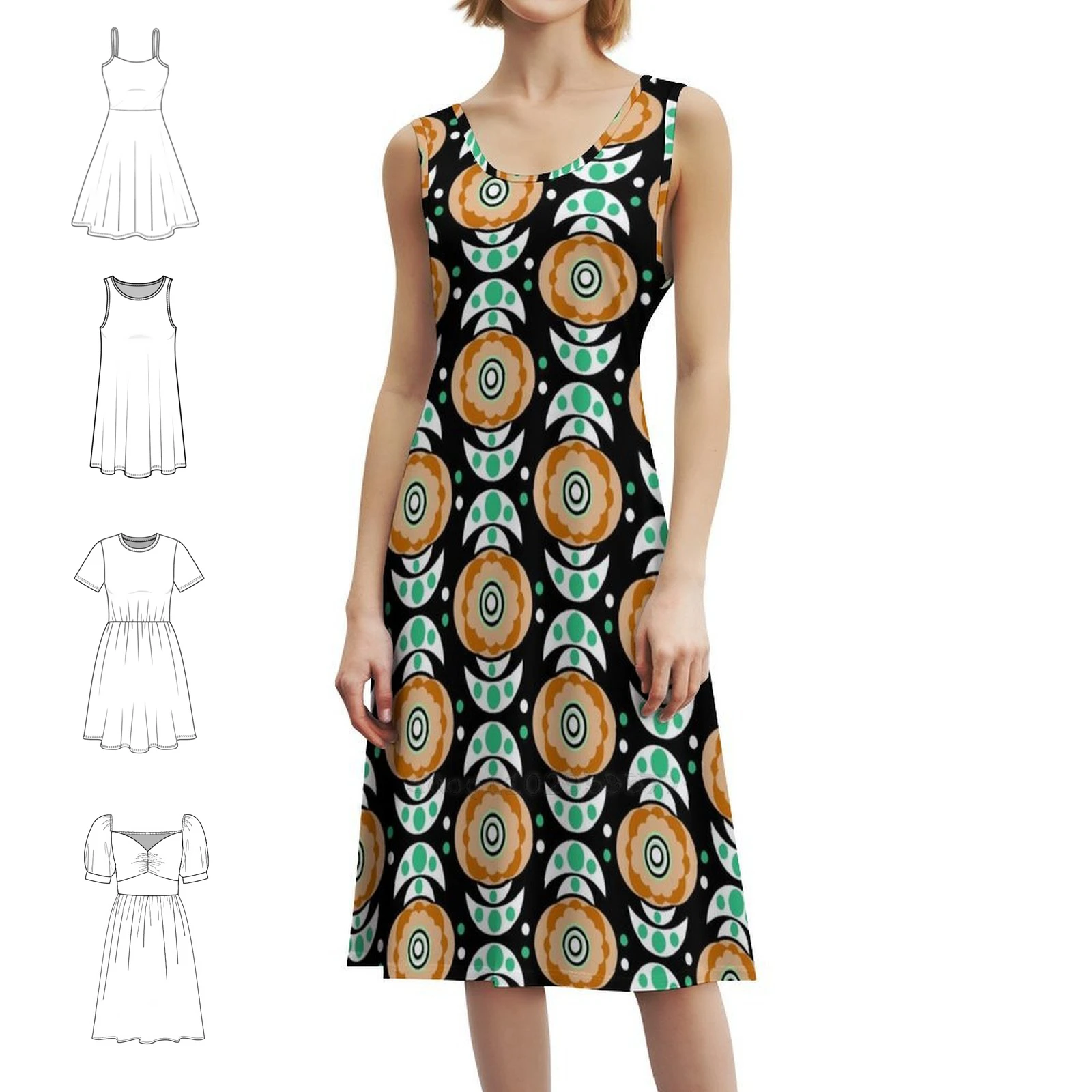 

Old Fashioned The 60'S Style Pattern Black Orange Green Preppy Style Mini Dress For Women A-Line Loose Fit Casual Day Dress 60S