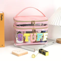 1pcs Large Capacity Letter Embroidery Double Layer Transparent Cosmetic Bag Toiletry Bag Travel Storage Bag Suitable for Travel