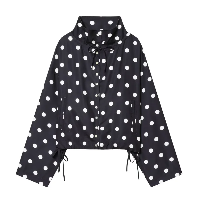 ETJ Dames Polka Dot Crop Jacket Lange Mouw Hoge Kraag Tie Front Windbreaker Casual Streetwear 2026 Mode Outfit