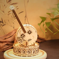 DIY 3D Puzzle Wooden Miniature Building Kit Chinese Instrument Ruan Xian Jigsaw Puzzle With Music for Children Birthday Gifts