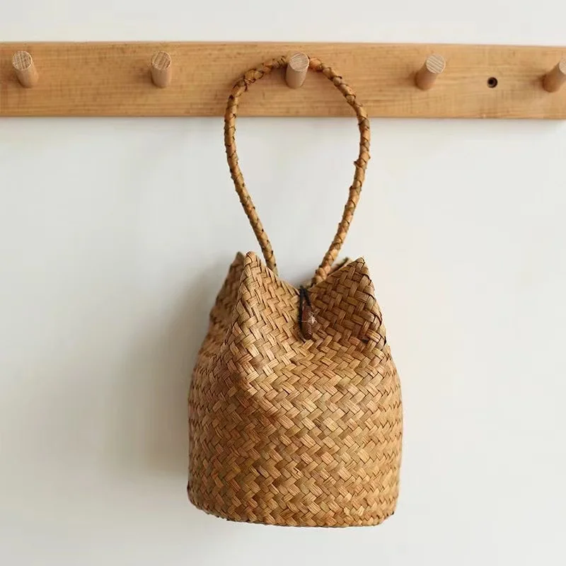 Cute Handmade Round Straw Woven Bag Natural Straws Handbag INS Trendy Stylish Kids Boys Girls Women Beach Camp Outdoor Bag