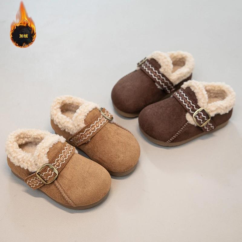Kids Fleece Lined Casual Shoes Toddler Single Hook and Loop Strap Warm Suede Like Autumn Winter Walking Shoes for Boys Girls