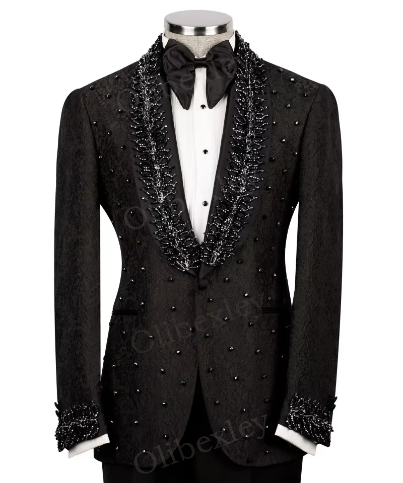 

Customized Men's 2 Piece Slim Fit Tuxedo Set with Beaded Crystals High Quality Luxury One Button for Business Wedding Groom