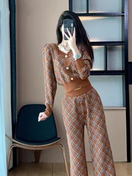 Women Tracksuit Autumn Fashion Plaid Knitted Set Long Sleeve Cardigan Sweater + High Waist Wide Leg Trousers Casual 2 Pieces Set