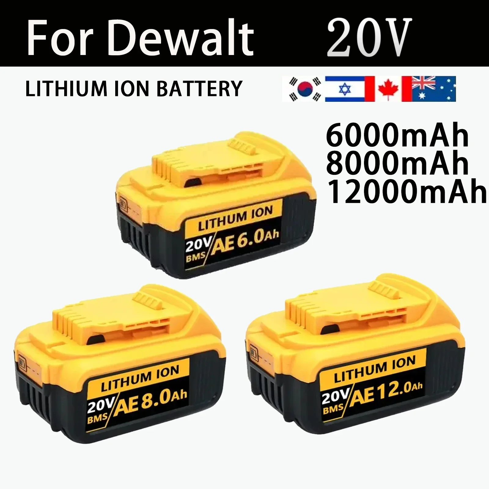 AOAE 20V 6.0Ah-12.0Ah DCB200 replacement lithium-ion battery, suitable for DeWalt DCB205 DCB201 DCB203 electric tool battery