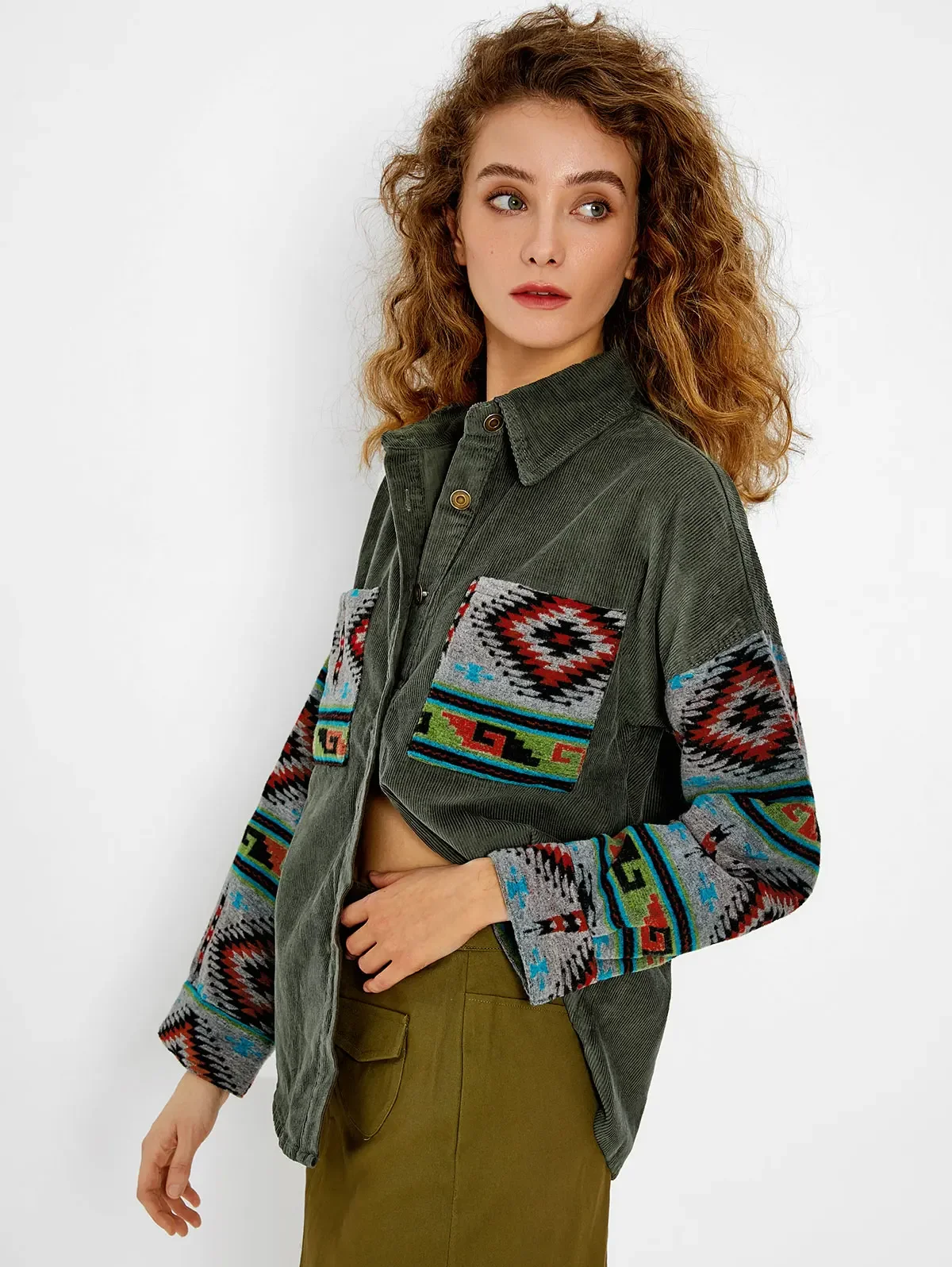 

ZAFUL Ethnic Aztec Printed Corduroy Shacket Waisted Shirt Jacket Turn Down Collar Drop Shoulder Coat Spring Outwear Ethnic