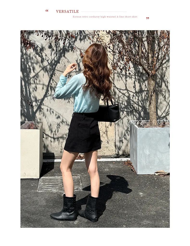Women's High-Waist A-Line Short Skirt Spring Autumn Retro Brown Corduroy Skirts Woman Solid Color Straight Leg Pencil Skirt Mini