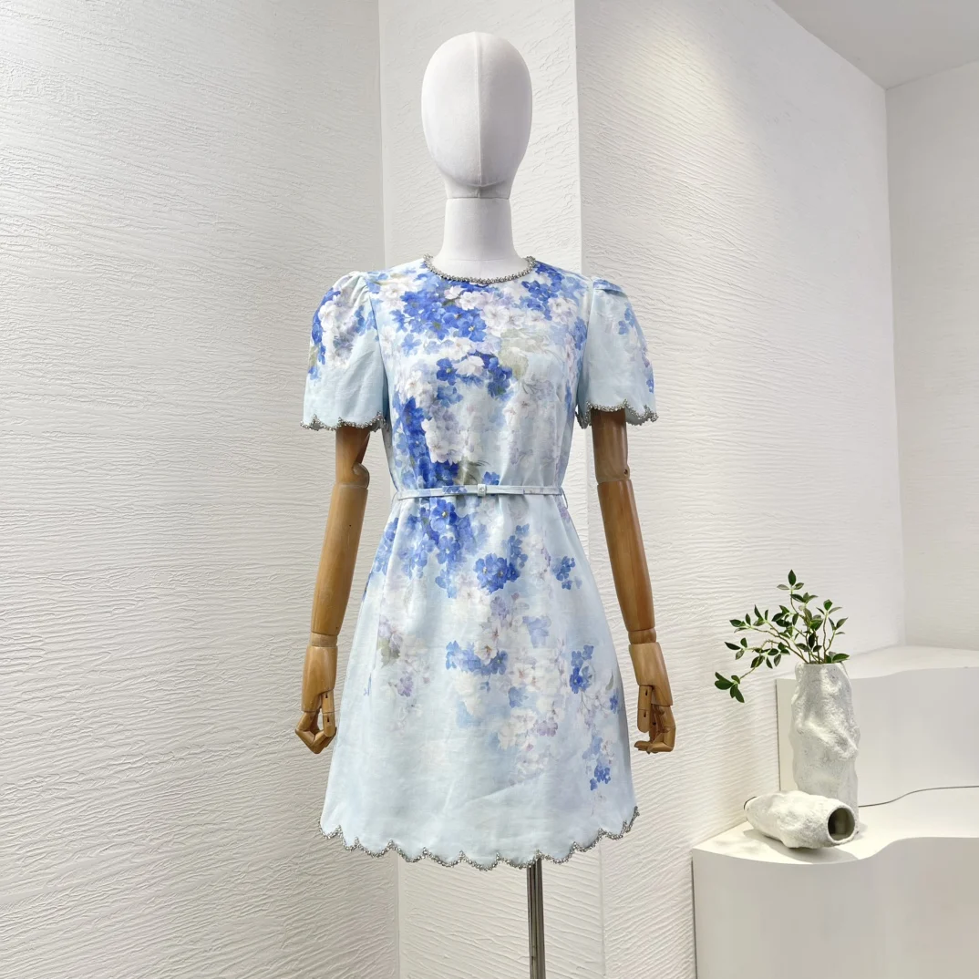 พิมพ์ดอกไม้สีฟ้า Elegant ใหม่สไตล์ผ้าลินินคุณภาพสูงแขนสั้นขอบเพชรผู้หญิง Lady Mini Dress
