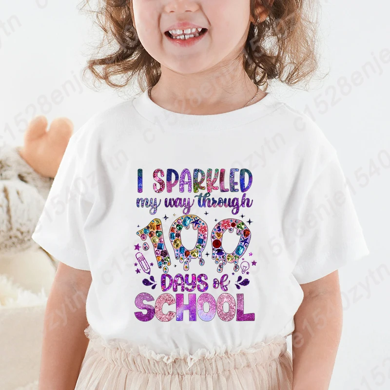 I Sparkled My Way Through 100 Days Of School Graphic Tee Shirts Children Girls T Shirt Summer Short Sleeve Round Neck Loose Tees