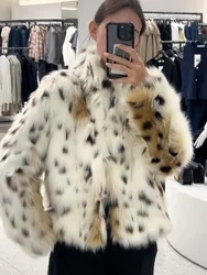 Elegantการพิมพ์ผู้หญิงFaux Fur Coat ChicคอยาวแขนยาวFluffy Plushเสื้อใหม่ 2024 ฤดูหนาวสุภาพสตรีหนาOutwear