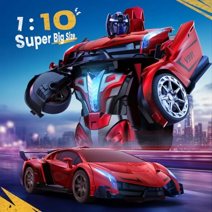 RC Car for Ages 6+, Red ABS Plastic, Gesture Sensing One-Key Deformation, LED Lights Sound, 2 Rechargeable Batteries, 70 Min Pl