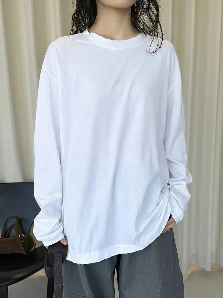 

Женская белая короткая однотонная повседневная футболка большого размера, новая модная футболка с круглым вырезом и длинными рукавами, весна-осень